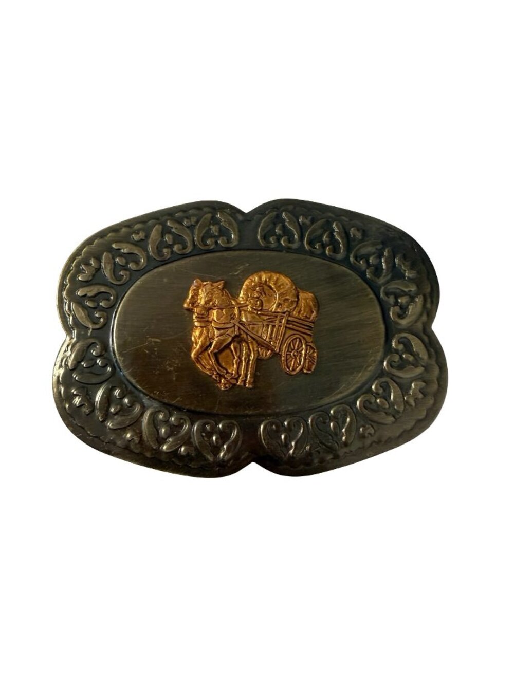 Vintage Horse Drawn Cart Belt Buckle Western Ornate Scrollwork Hong Kong